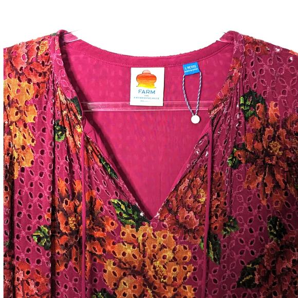 Farm Rio Anthro Eyelet Tiered Tunic Floral Split Neck Pink Multi Large P NWOT - Picture 4 of 12